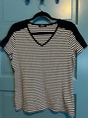 Black & White Striped Tee Contrast Shoulders